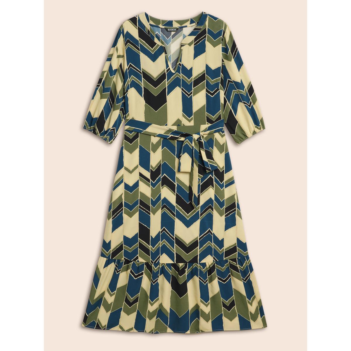 Plus Size Geometric Contrast Lantern Sleeve Dress Moss Women At the Office Belted Flat collar with V-notch Elbow-length sleeve Curvy BloomChic 12/L Product Image