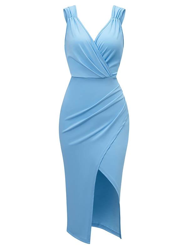 Bodycon Sleeveless Pleated Solid Color Split-front Zipper V-neck Midi Dresses Product Image