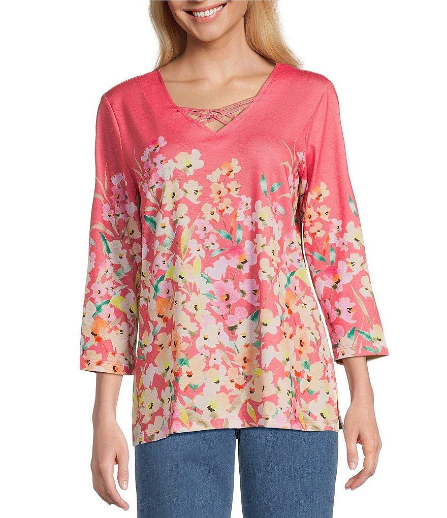 Allison Daley Petite Size Living Floral Print 3/4 Sleeve Criss Cross V-Neck Knit Top Product Image