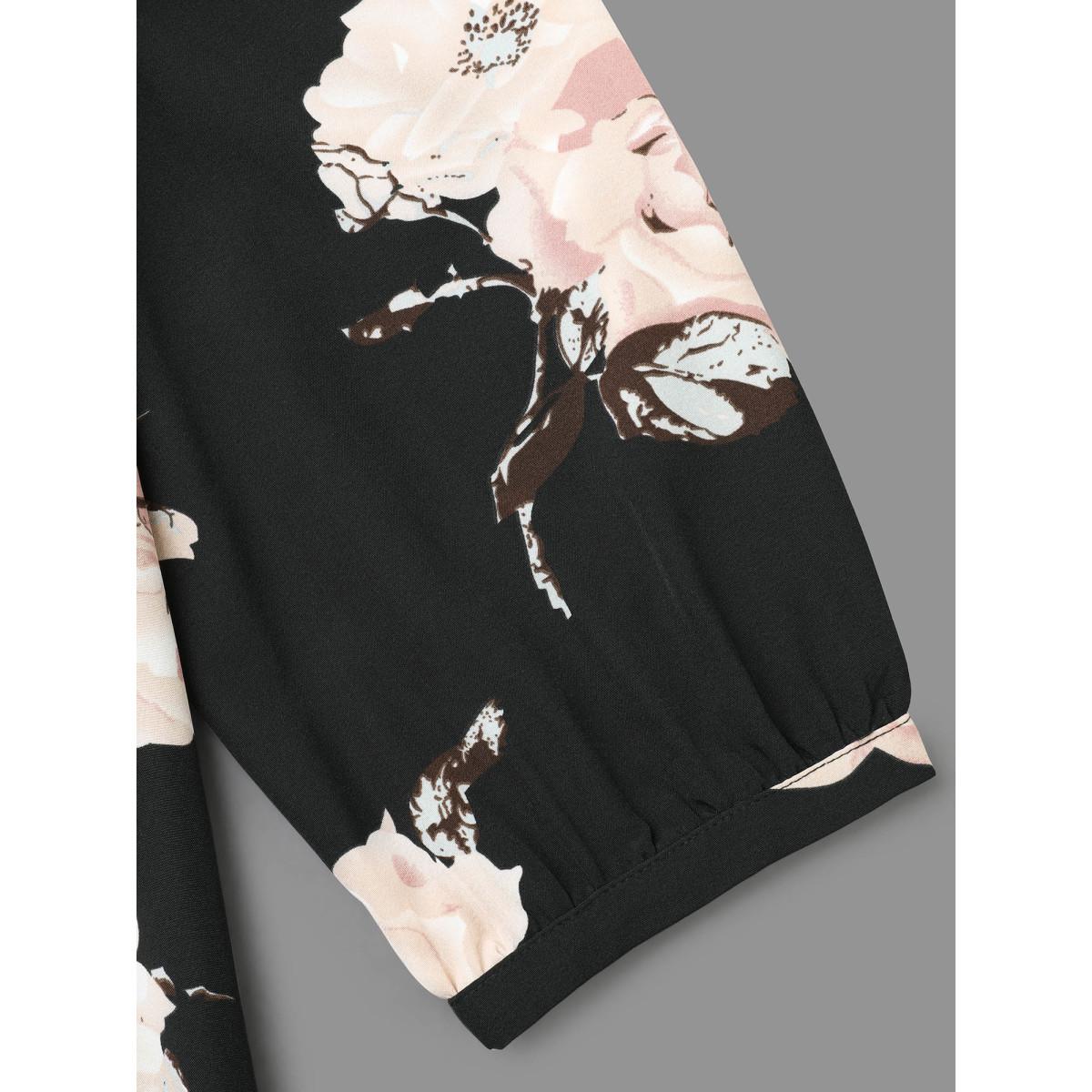 Plus Size Black Overlap Collar Floral Print Blouse Women Elegant Elbow-length sleeve Overlap Collar Everyday Blouses BloomChic 30/6X Product Image