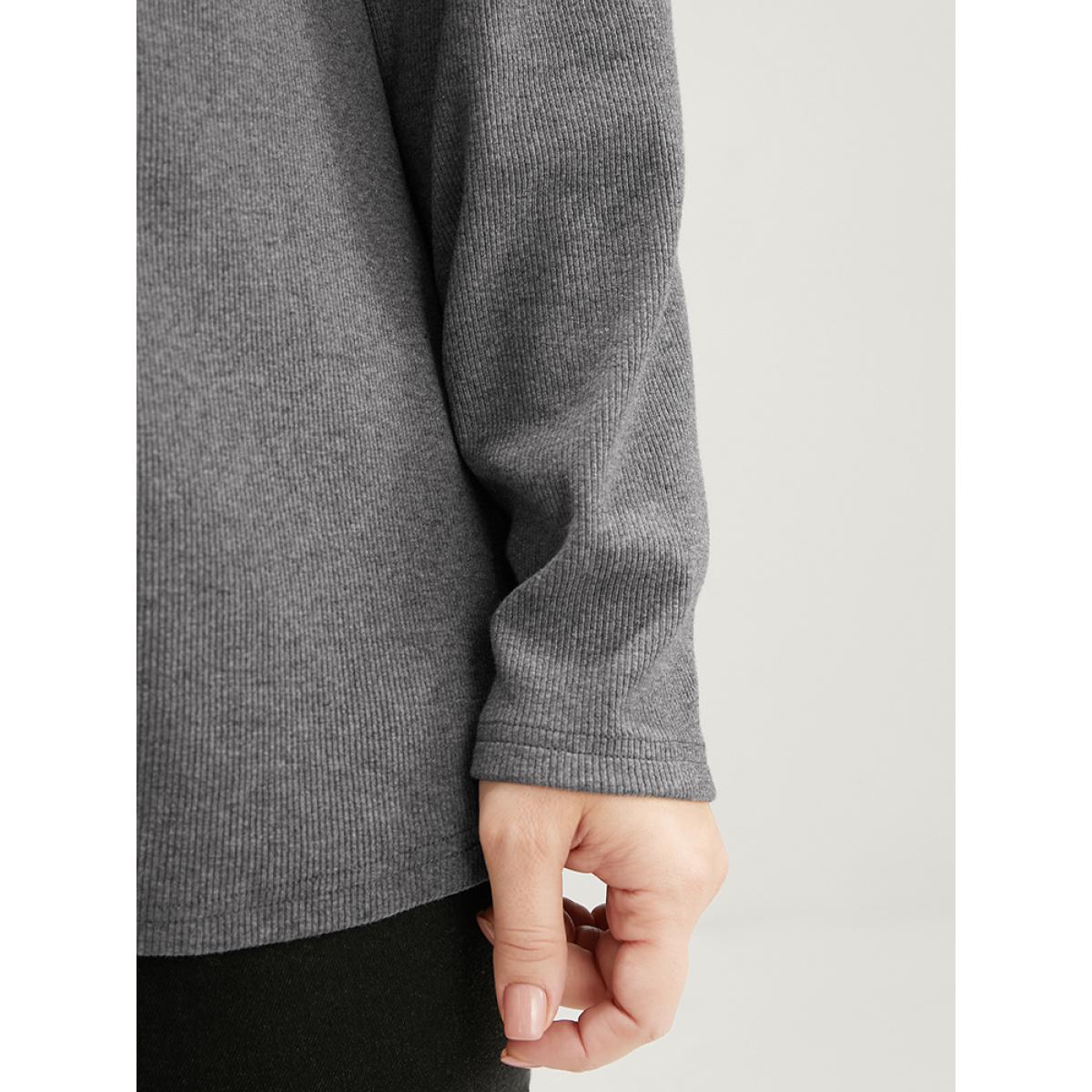 Plus Size Solid V Neck Crochet Lace Rib Knit Long Tee Gray Women Elegant Patchwork Plain V-neck Dailywear T-shirts BloomChic 10/M Product Image