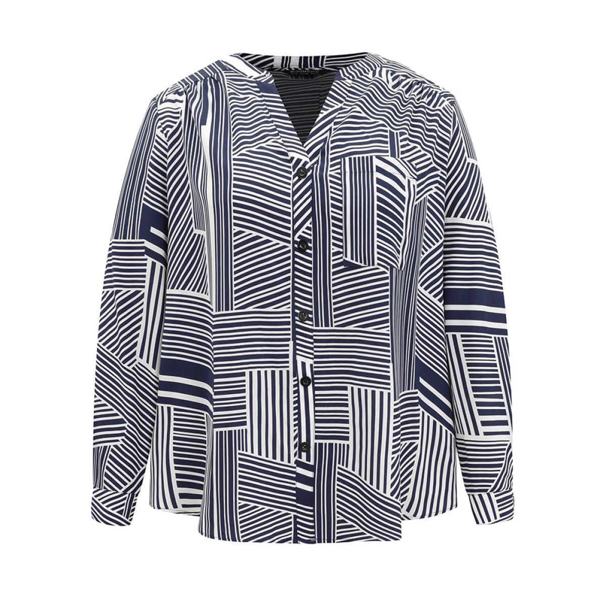 Plus Size Indigo Asymmetrical Striped Notched Tab Sleeve Blouse Women Office Long Sleeve Shirt collar Work Blouses BloomChic 18-20/2X Product Image