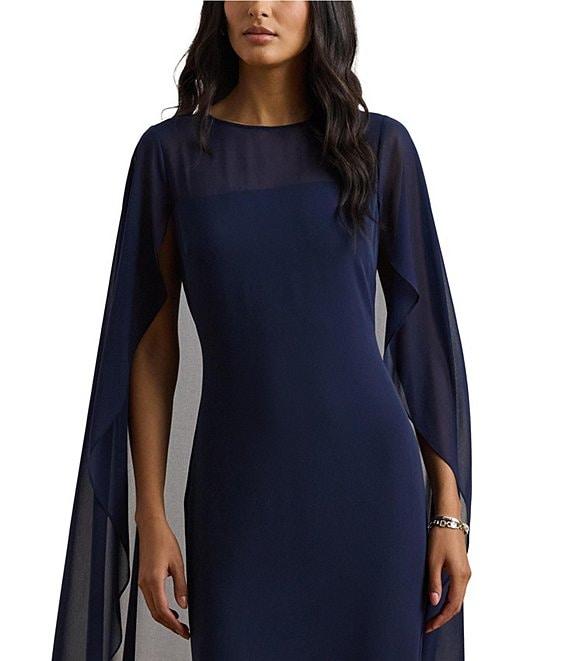 Lauren Ralph Lauren Georgette Boat Neck Sleeveless Overlay Cap Column Gown Product Image