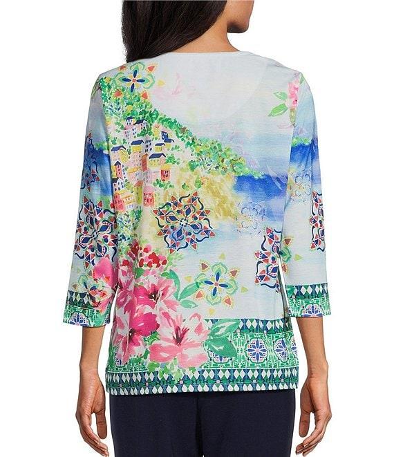 Allison Daley Petite Size Amalfi Coast Print 3/4 Sleeve Crew Neck Knit Top Product Image