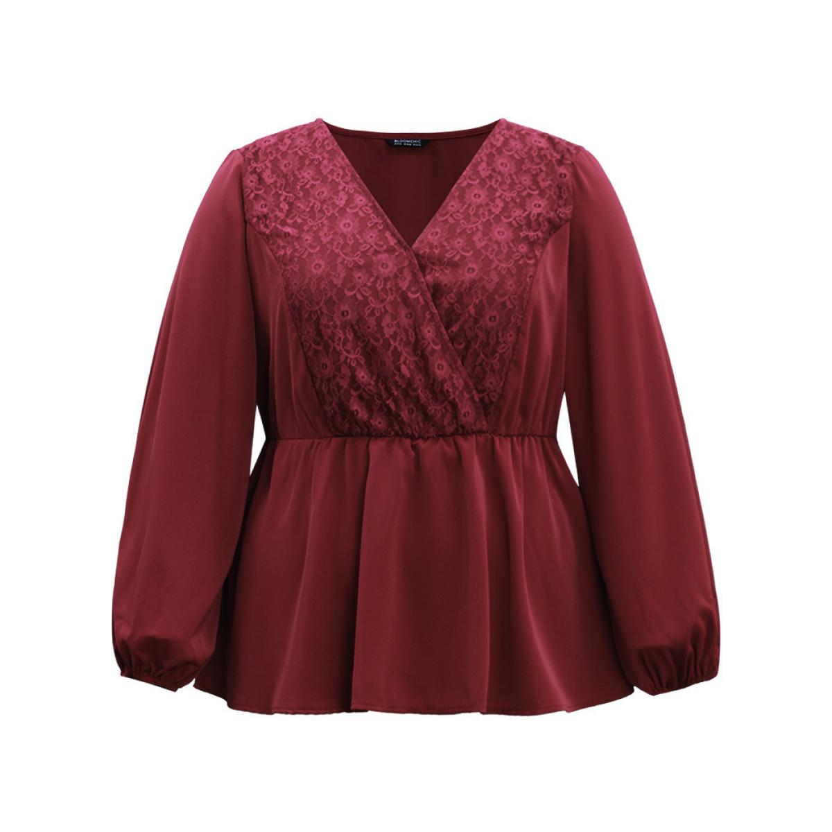 Plus Size Scarlet Static-Free Contrast Lace Lantern Sleeve Blouse Women Office Long Sleeve V-neck Office Blouses BloomChic 30/6X Product Image
