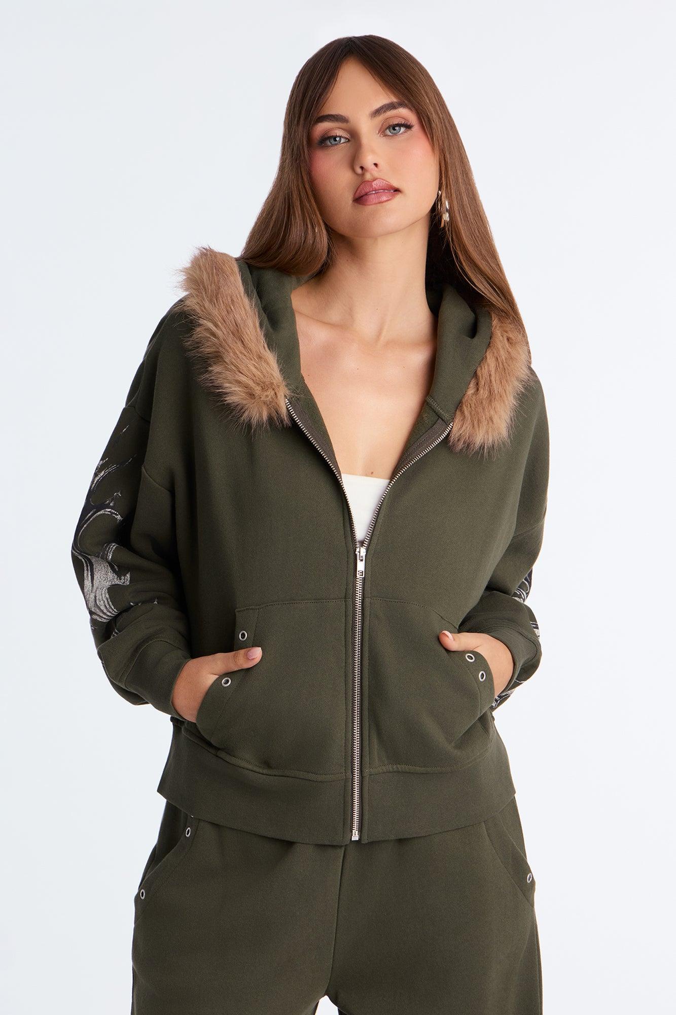 Edgy Vibe Fleece Washed Pant Set - Olive Female Product Image