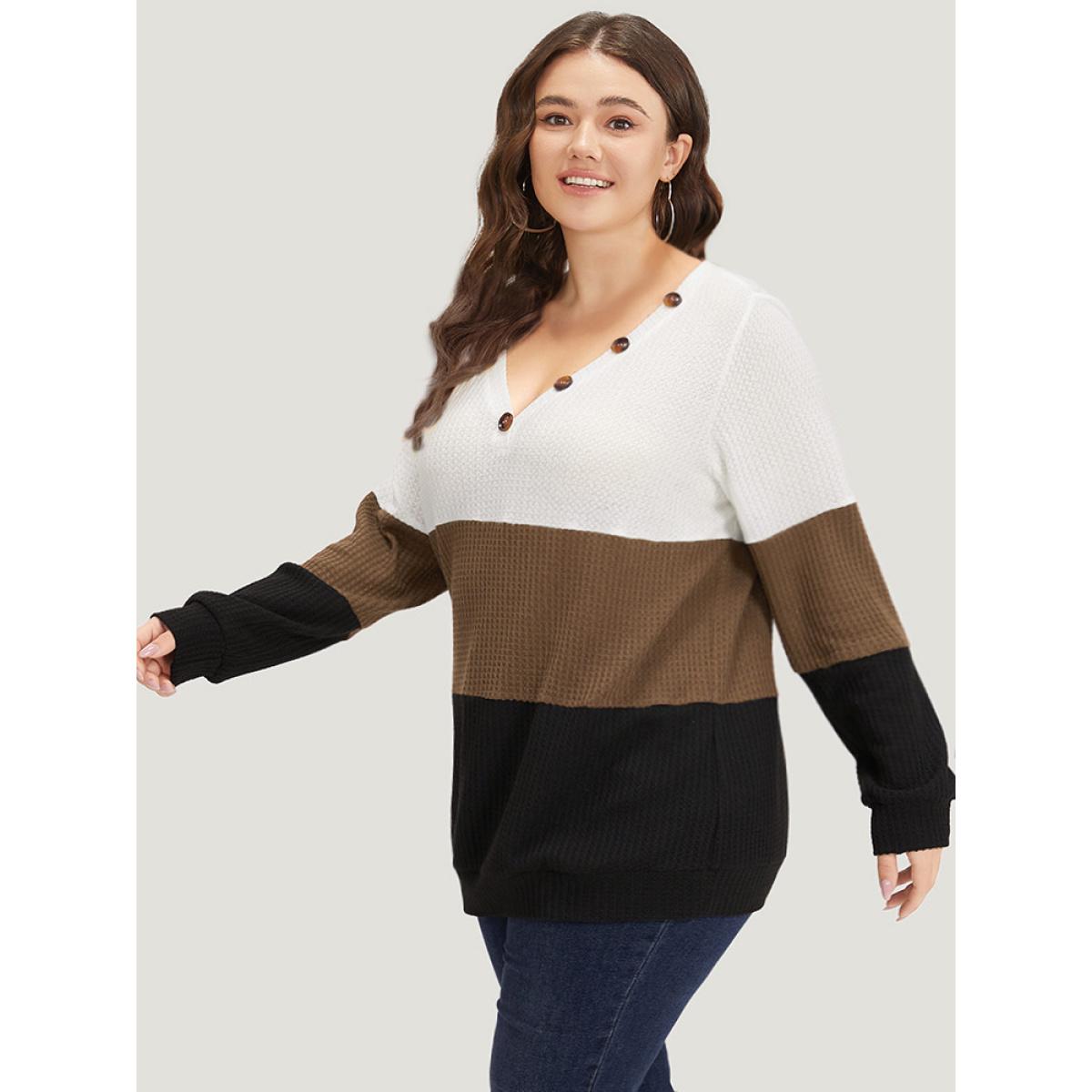 Plus Size Waffle Knit Patchwork Button Detail Contrast Sweatshirt Women Multicolor Leisure Elastic cuffs V-neck Casual Sweatshirts BloomChic 14-16/1X Product Image