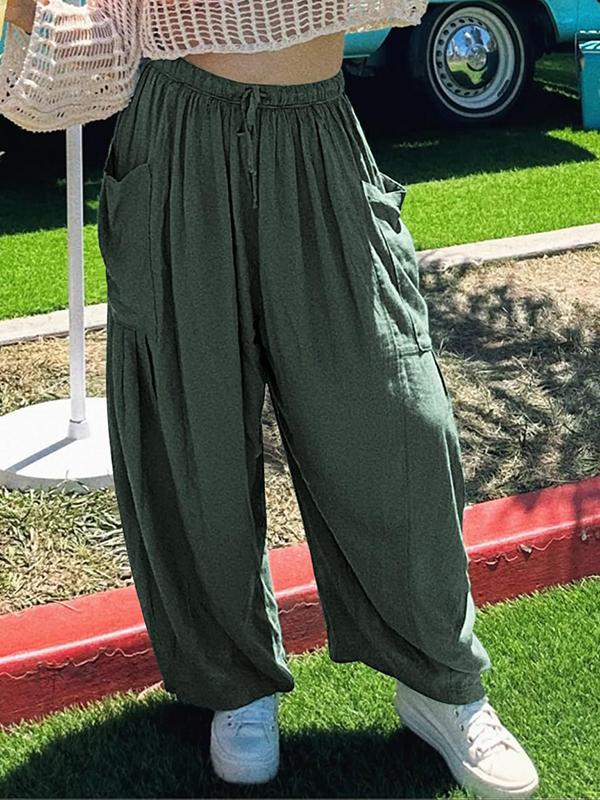 High Waisted Loose Drawstring Elasticity Pleated Pockets Solid Color Ninth Pants Trousers Product Image
