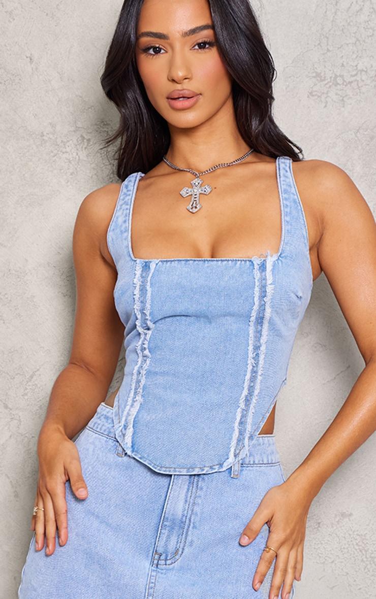 Petite Light Blue Embroidered Square Neck Corset Top Product Image