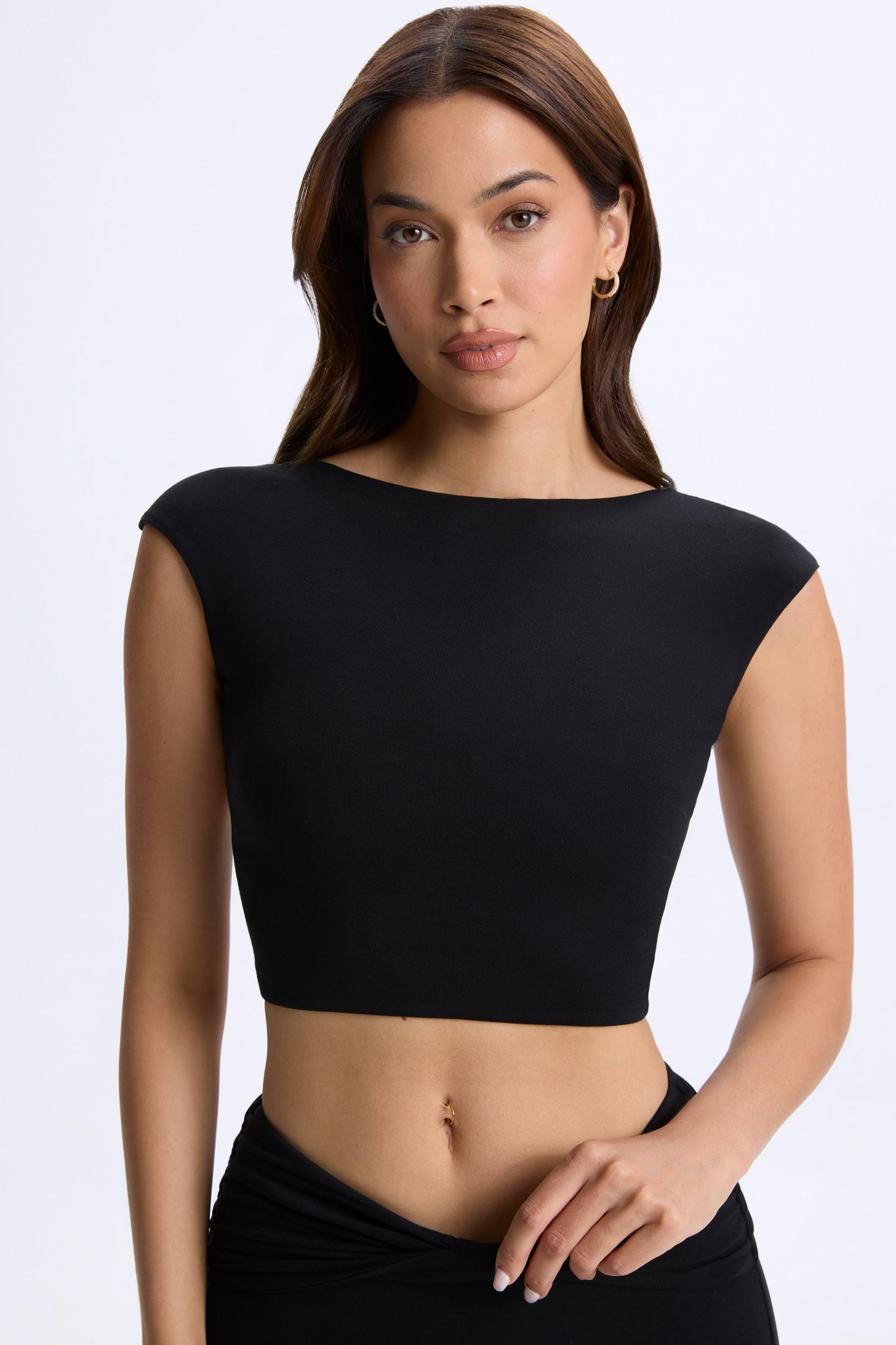Cap-Sleeve Open-Back Crop Top in Black Product Image