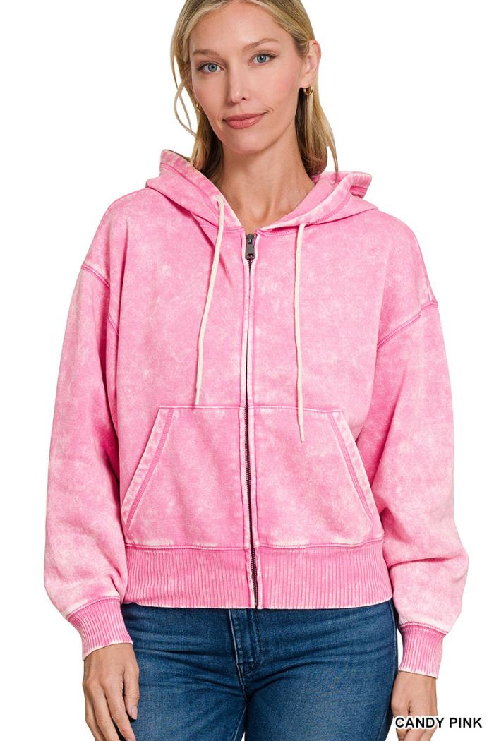 Acid wash fleece cropped zip-up hoodie w pockets Product Image