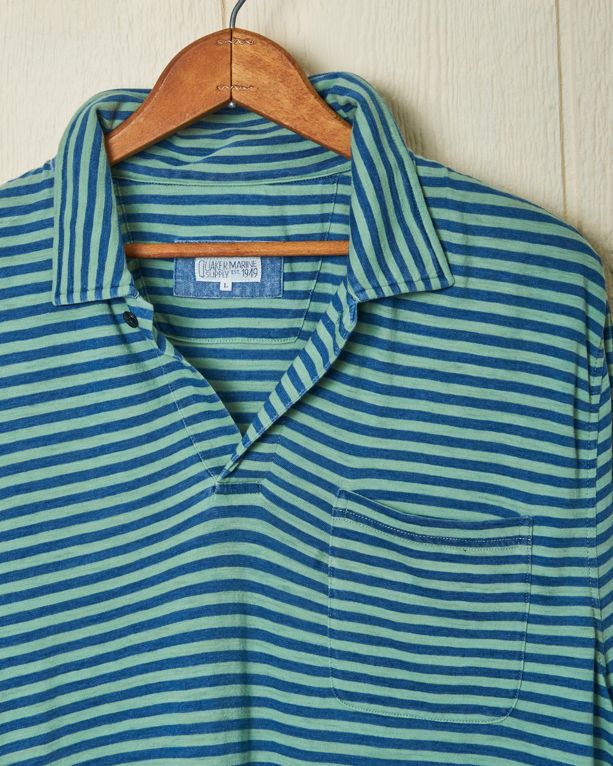 Long Sleeve Indigo Polo in Faded Spruce/Navy Even Stripe Product Image