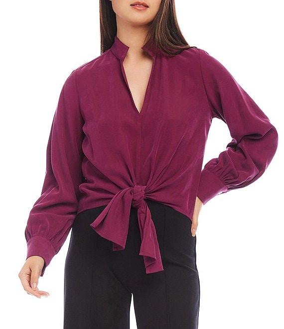 Karen Kane Woven Tie Collared Long Sleeve Top Product Image