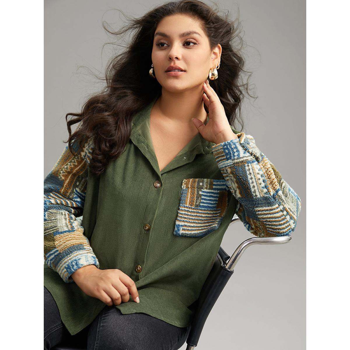 Plus Size Textured Contrast Patchwork Button Through Jacket Women ArmyGreen Casual Contrast Ladies Dailywear Winter Coats BloomChic 26/4X Product Image