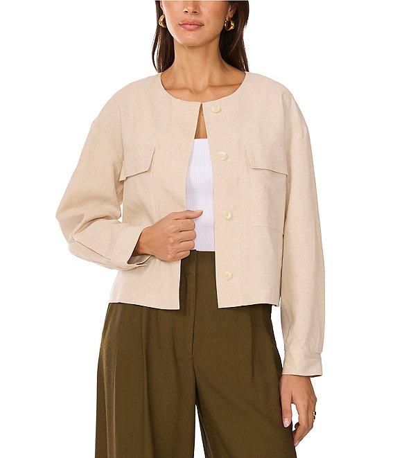 Vince Camuto Open Neck Long Sleeve Double Pocket Button Front Cropped Jacket Product Image