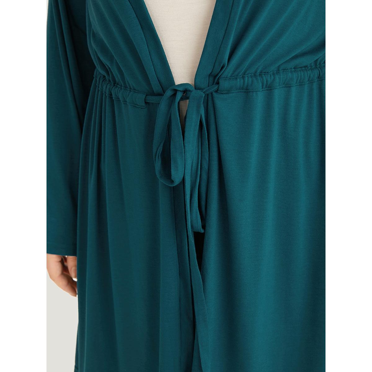 Plus Size Plain Drawstring Knot Open Front Coat Women Cyan Casual Plain Ladies Dailywear Winter Coats BloomChic 12/L Product Image