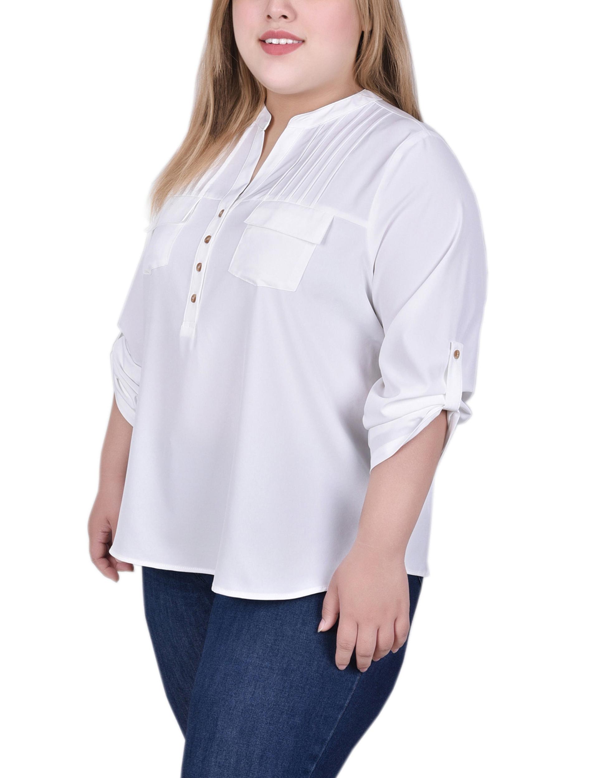 White Long Tab-Sleeve Blouse With Pockets - Plus Size Product Image