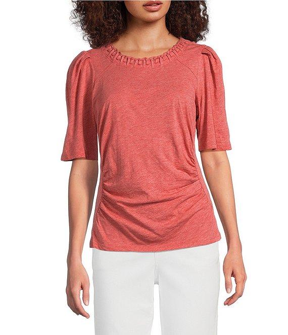 Democracy Knit Soutache Embroidered Scoop Neck Elbow Sleeve Side Ruched Top Product Image