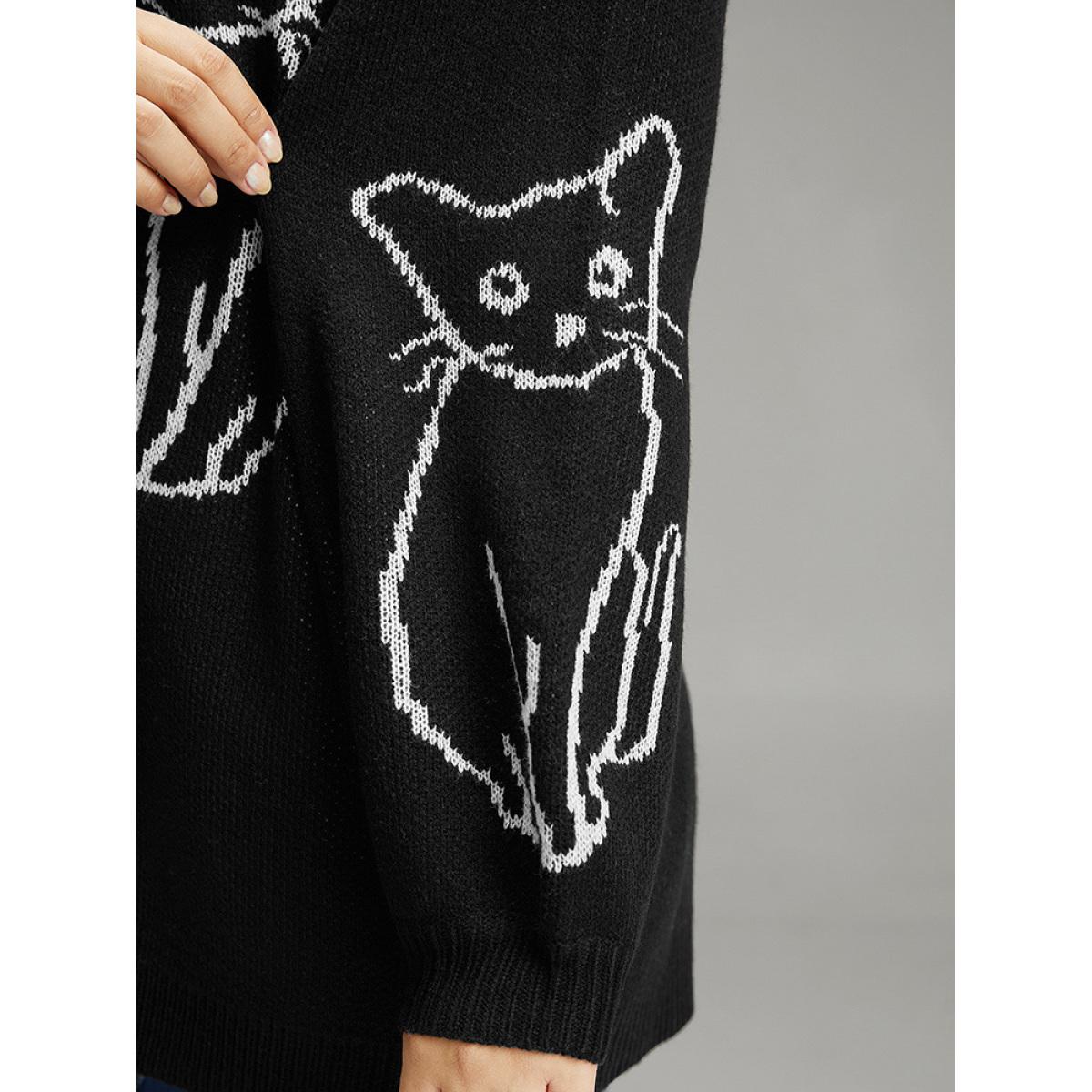 Plus Size Supersoft Essentials Cat Print V Neck Pullover Black Women Casual Long Sleeve V-neck Dailywear Pullovers BloomChic 26/4X Product Image