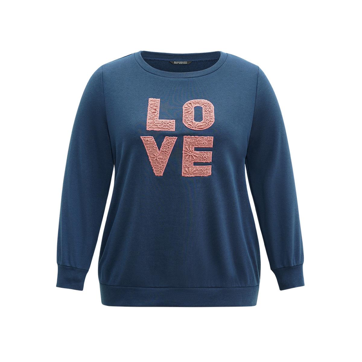Plus Size Love Embroidered Patch Crew Neck Sweatshirt Women Indigo Casual Plain Dailywear Sweatshirts BloomChic 30/6X Product Image