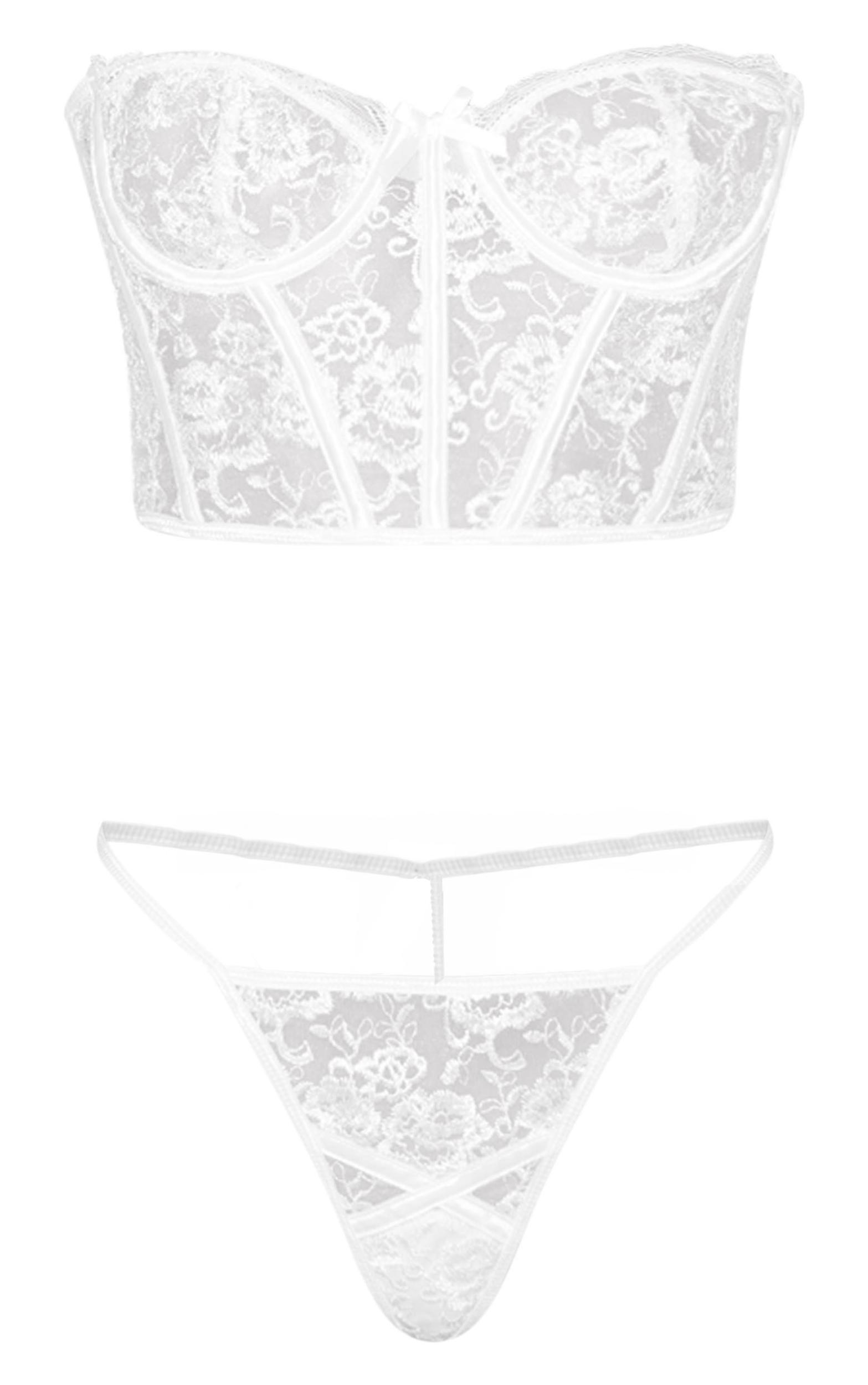 White Embroidered Lace Corset Underwired Lingerie Set Product Image