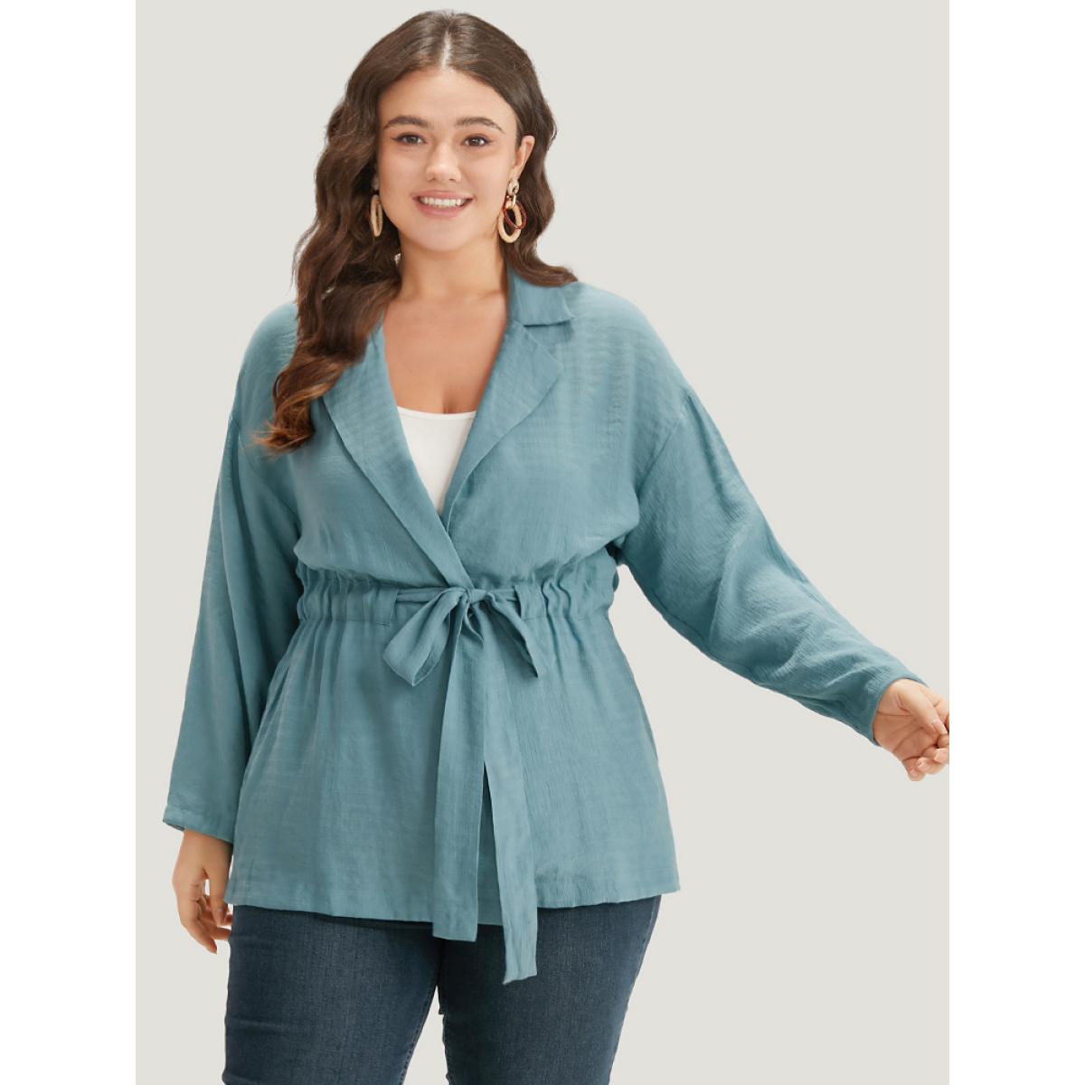 Plus Size Plain Suit Collar Drawstring Ties Kimono Women Cerulean At the Office Drawstring Belt Office Kimonos BloomChic 12/L Product Image