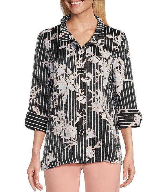 Multiples Shimmer Woven Floral Wire Collar 3/4 Turn-Up Cuff Sleeve Button-Front Shirt Product Image