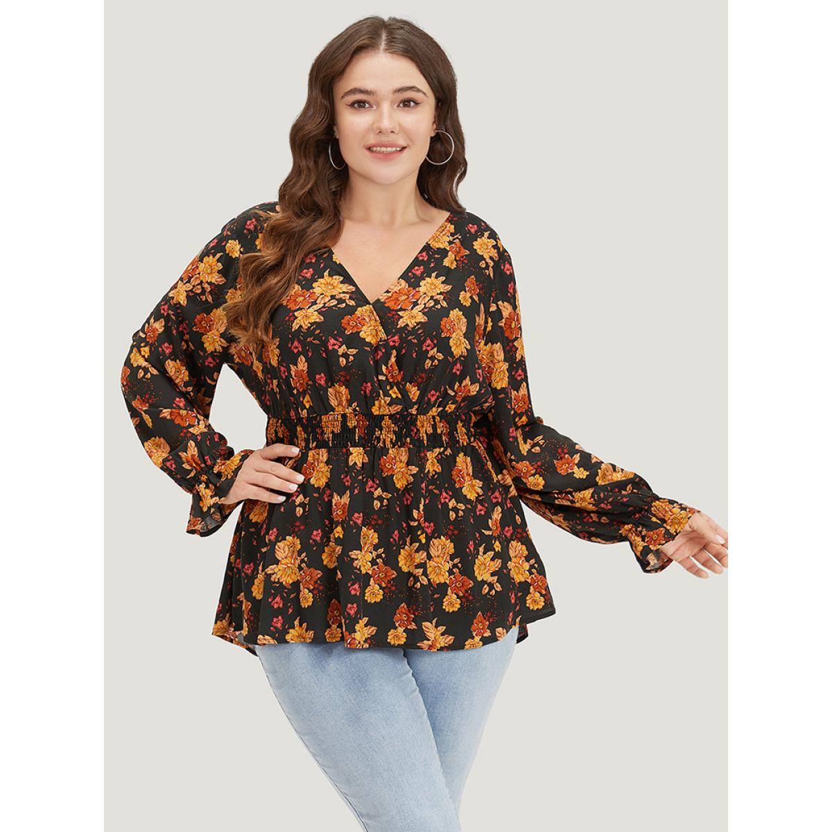 Plus Size Indigo Floral Print Wrap Shirred Lantern Sleeve Blouse Women Vacation Long Sleeve V-neck Dailywear Blouses BloomChic 26/4X Product Image