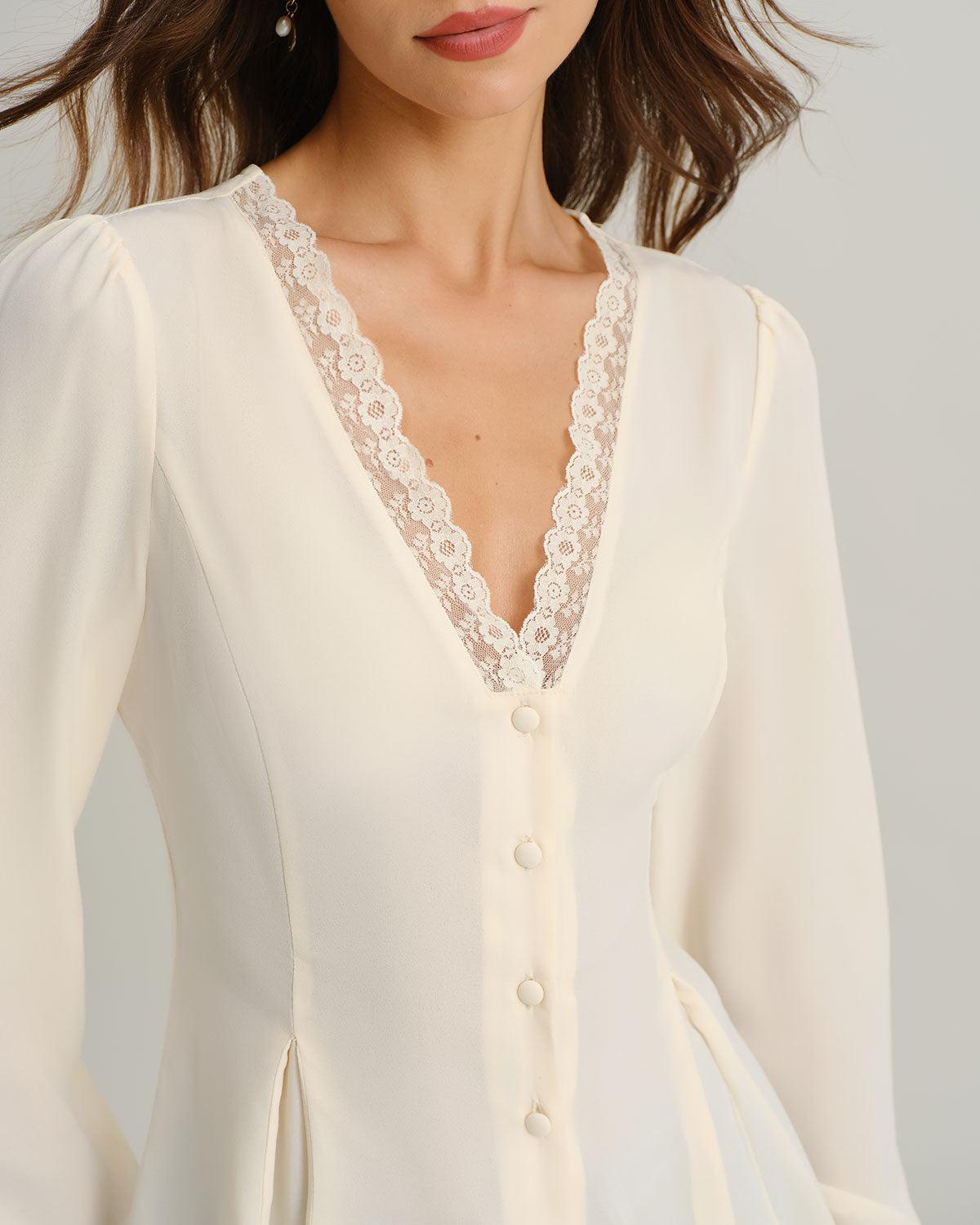 Apricot V Neck Lace Lantern Sleeve Blouse Product Image