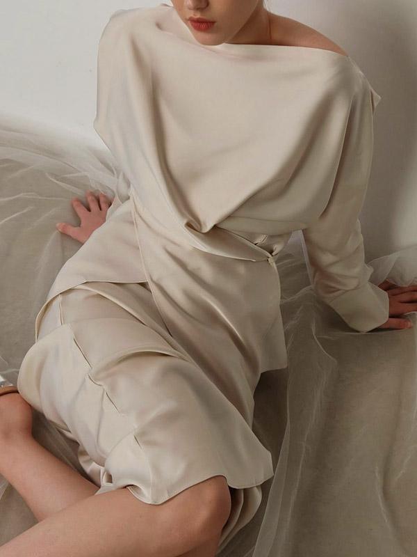 Loose Solid Color Split-Joint Boat Neck Long Sleeves Blouse & Shirt + Skirt Two Pieces Set Product Image