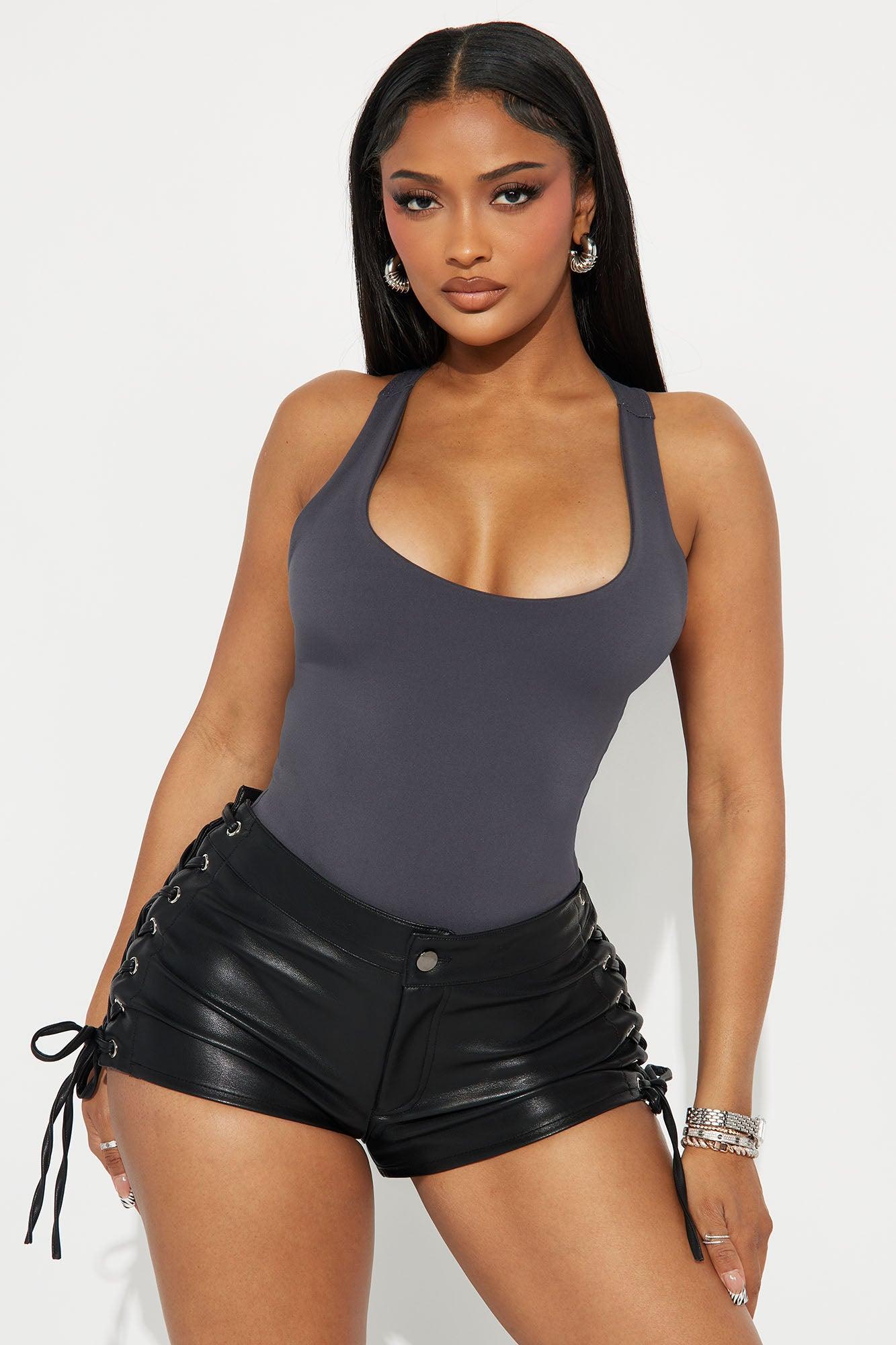 Sarafiena Double Lined Scoop Neck Bodysuit - Charcoal Female Product Image