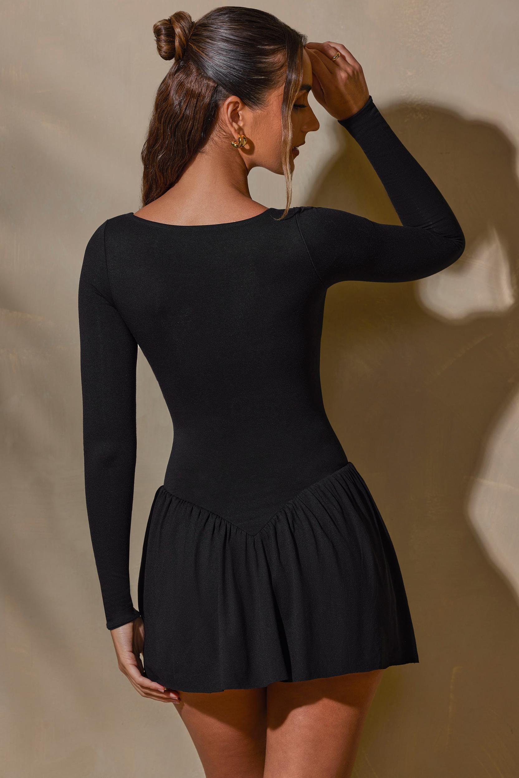 Long Sleeve Layered A-Line Mini Dress in Black Product Image