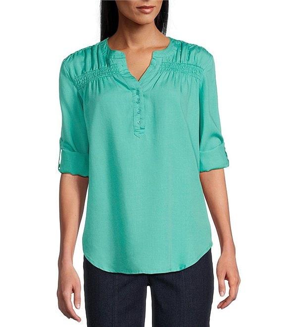 Intro Petite Size Lyocell Slub Long Roll-Tab Sleeve Shirred Popover Top Product Image
