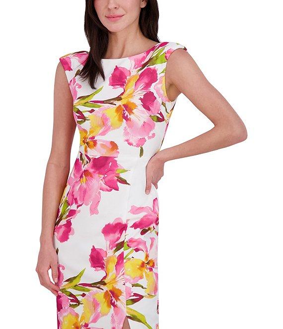Eliza J Scuba Crepe Floral Print Boat Neck Cap Sleeve Sheath Midi Dress Product Image