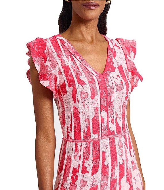 Ming Wang Knit Jacquard V-Neck Flutter Sleeve Fit-And-Flare Midi Dress Product Image