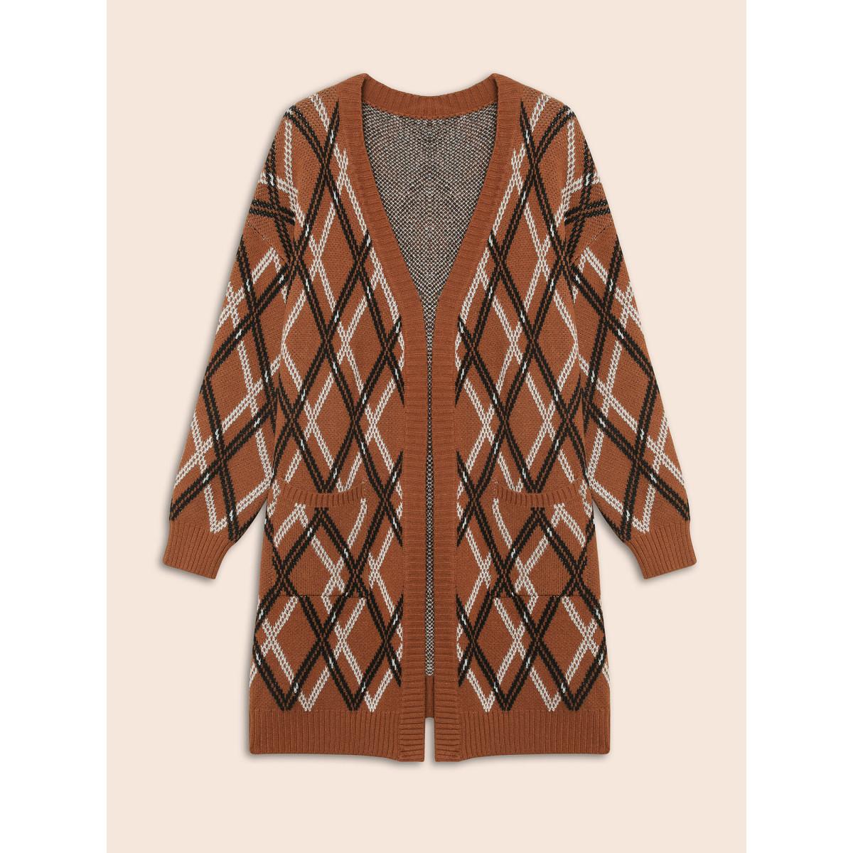 Plus Size Plaid Pocket Drop Shoulder Sleeve Cardigan Yellowishbrown Women Leisure Loose Long Sleeve Casual Cardigans BloomChic 14-16/1X Product Image