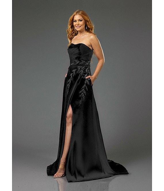 Terani Couture Strapless Ruched Satin Beaded Leaf A-Line Gown Product Image