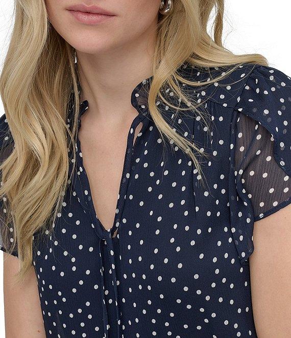 DKNY by Donna Karan Woven Dotted Print Mock Neck Short Sleeve Shift Mini Dress Product Image