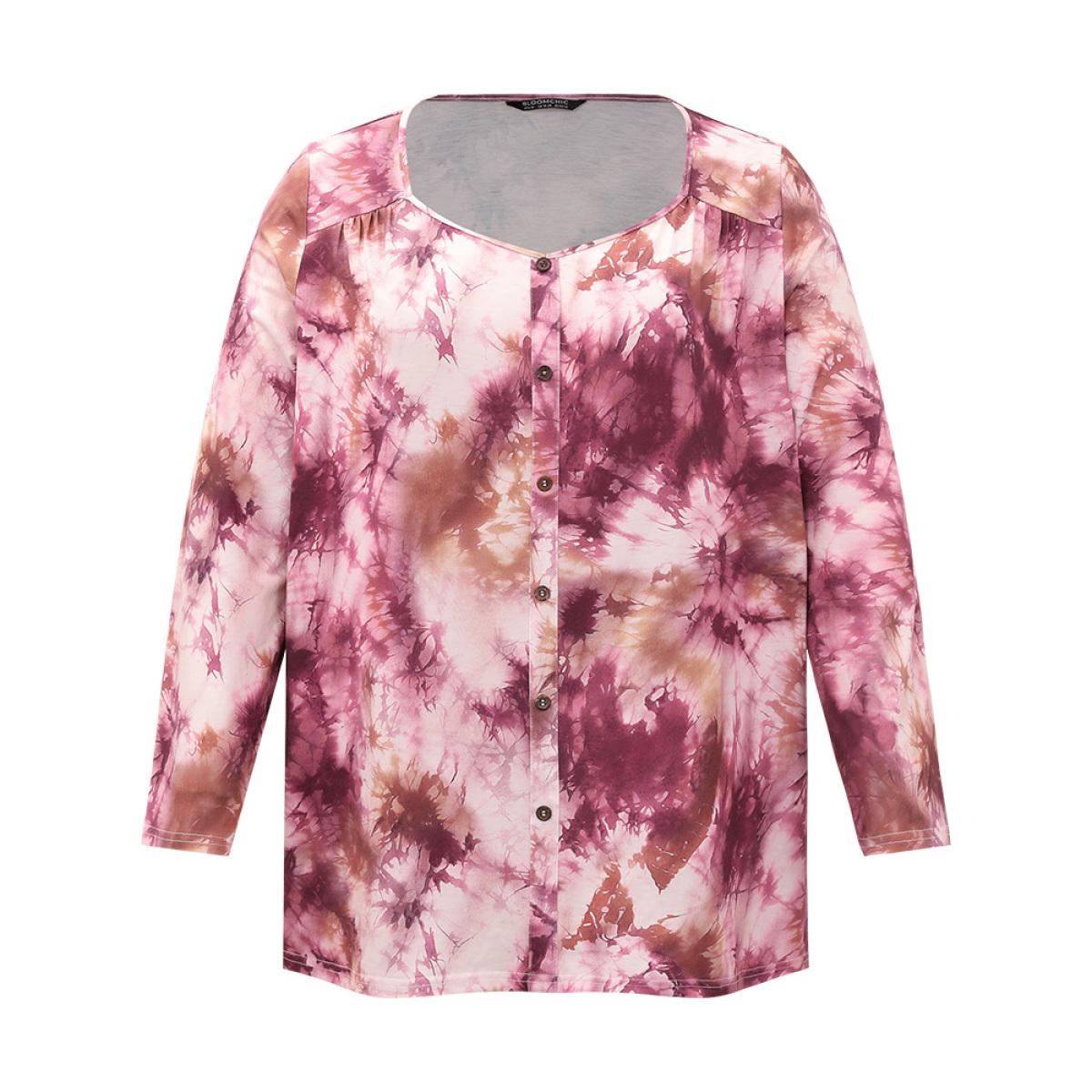 Plus Size Tie Dye Button Detail Round Neck T-shirt Multicolor Women Casual Tie Dye Tie Dye Round Neck Dailywear T-shirts BloomChic 26/4X Product Image