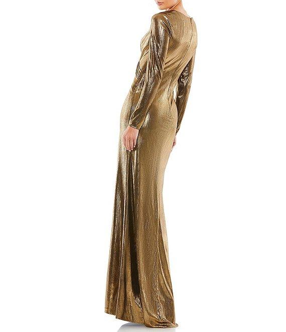 Mac Duggal Metallic Long Sleeve Asymmetrical Drape Ruched Sheath Gown Product Image