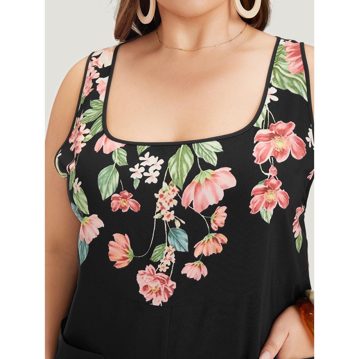 Plus Size Black Floral Square Neck Zip Back Pocket Jumpsuit Women Elegant Sleeveless Square Neck Dailywear Loose Jumpsuits BloomChic 28/5X Product Image