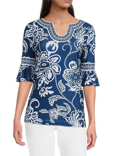 Ali Miles Floral U-Shaped Neck Elbow Sleeve Tunic Product Image