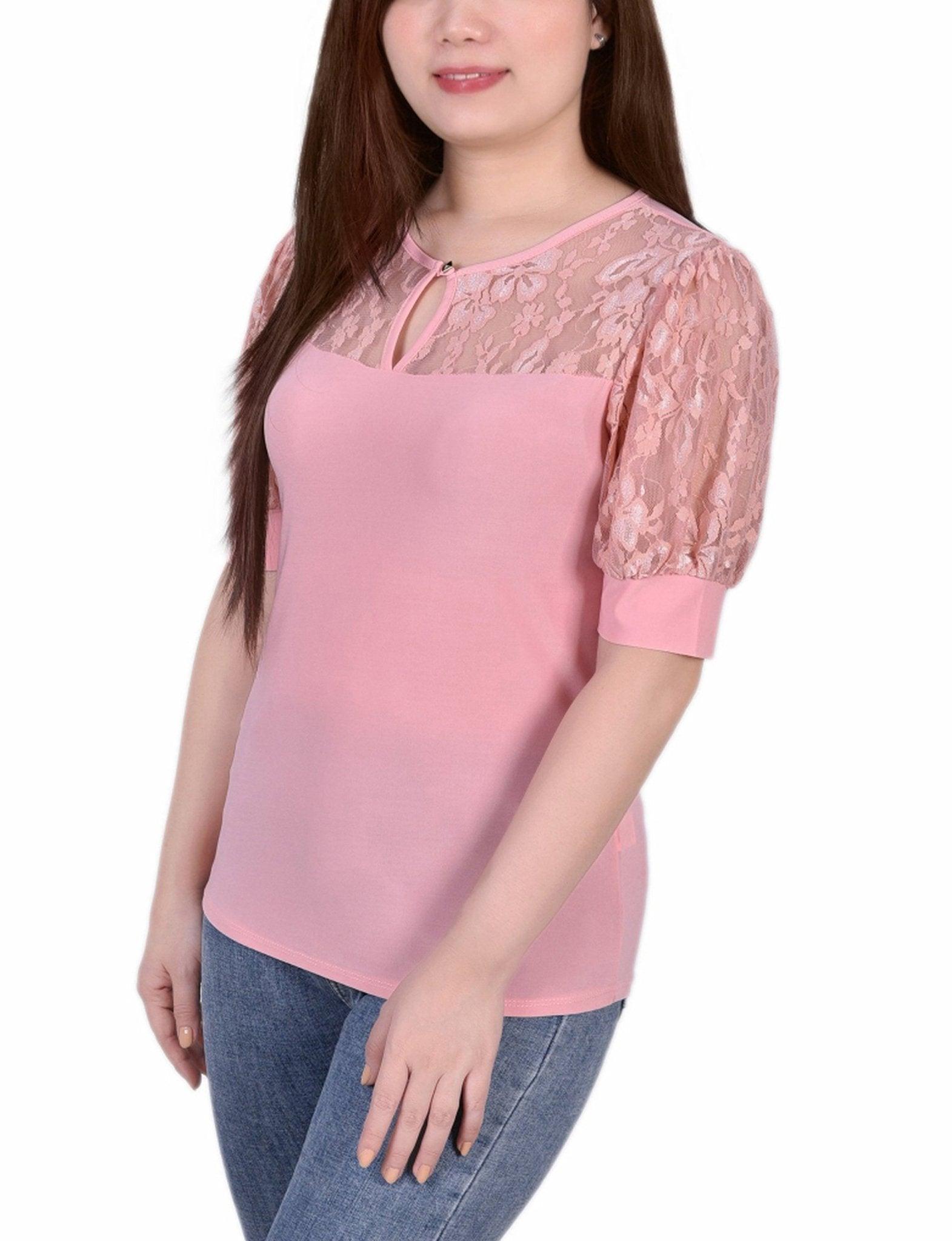 Mellow Rose Short Puff Sleeve Top With Lace Sleeves And Yoke - Petite Product Image