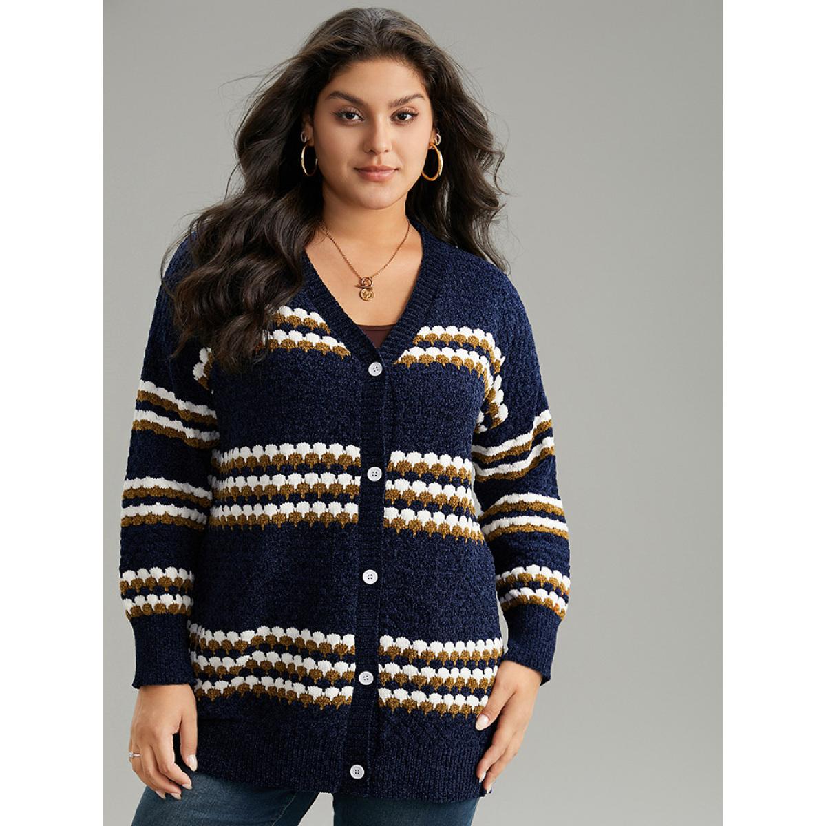 Plus Size Chenille Geo Button Through Cardigan Multicolor Women Casual Loose Long Sleeve Dailywear Cardigans BloomChic 10/M Product Image