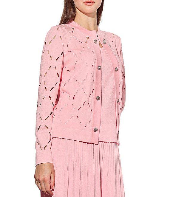 Ming Wang Soft Knit Diamond Cut-Out Round Neck Long Sleeve Jacket Product Image