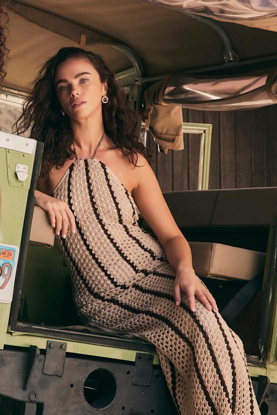 Hedia Beige Striped Crochet Halter Fringe Midi Dress Product Image