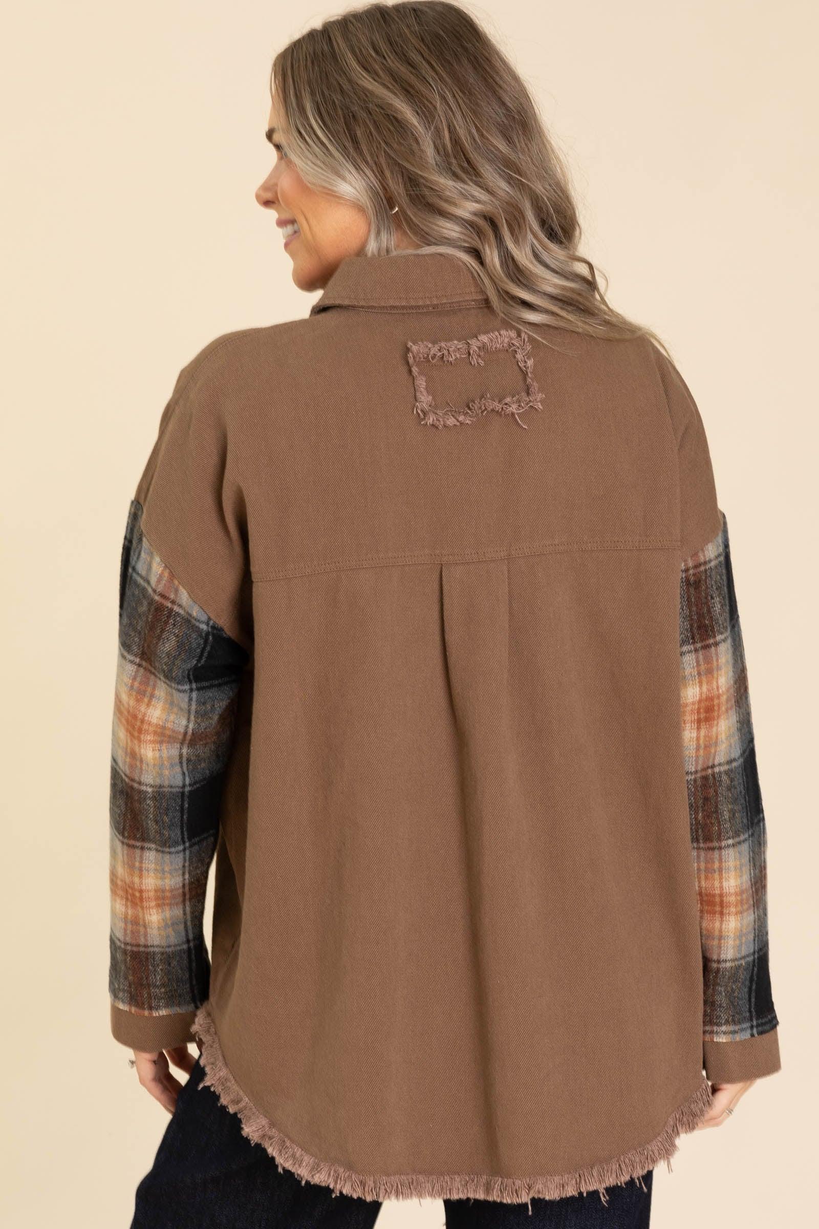 Mocha Jacket With Plaid Sleeve And Frayed Hem Product Image