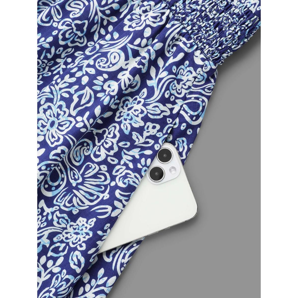 Plus Size V-Neck Paisley Print Smocked Waist Dress DarkBlue Women Resort Non V-neck Elbow-length sleeve Curvy BloomChic 28/5X Product Image