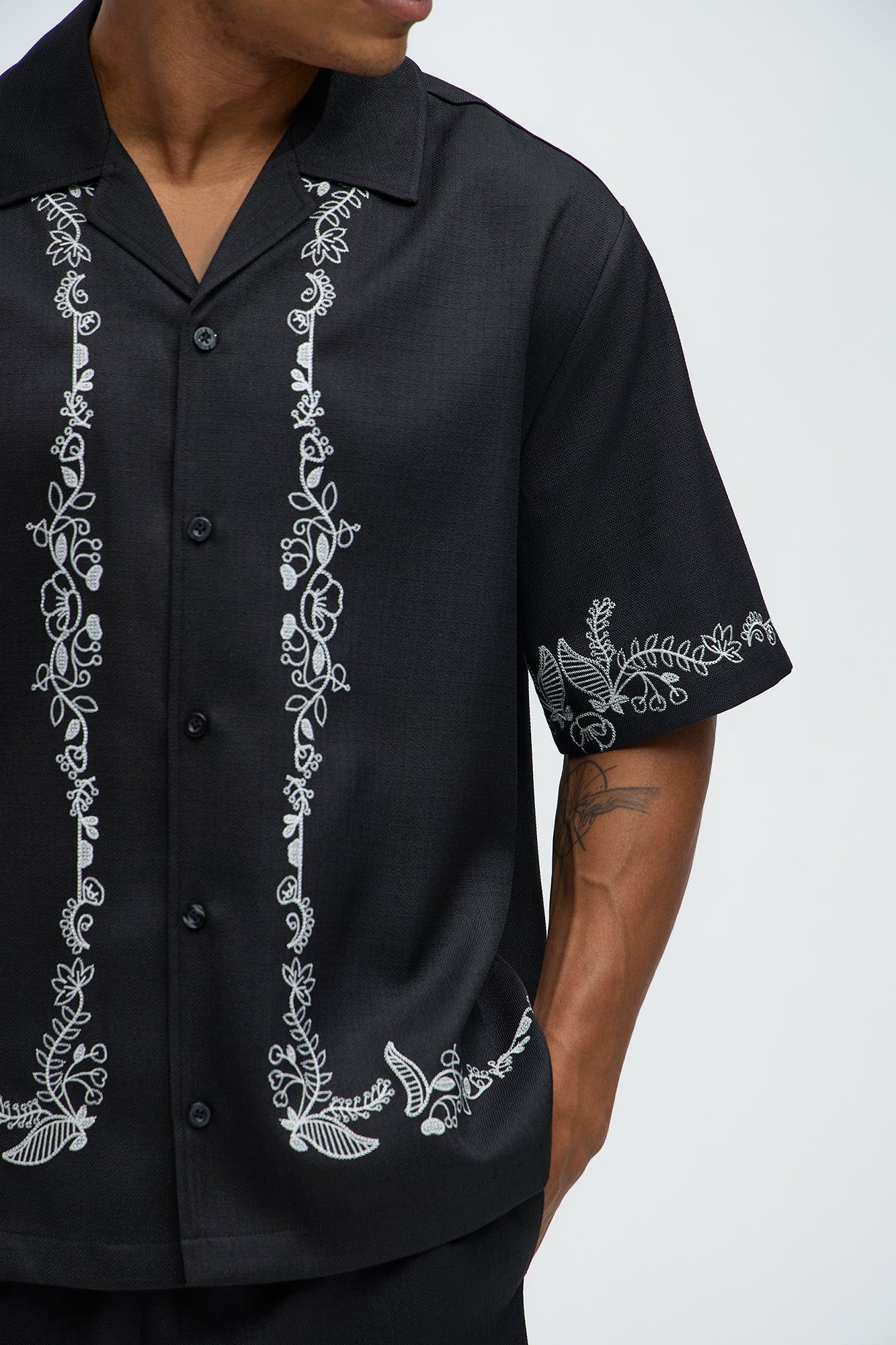 Vine Border Embroidery Cuban Shirt - Black Product Image