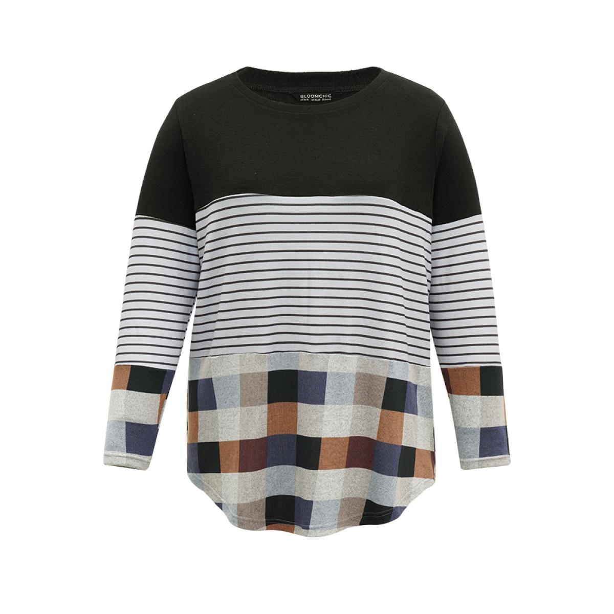 Plus Size Plaid Striped Patchwork Arc HemT-shirt Multicolor Women Casual Contrast Patchwork Round Neck Dailywear T-shirts BloomChic 10/M Product Image